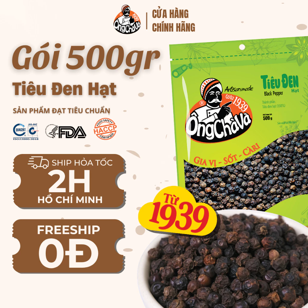 Tiêu Đen Hạt thương hiệu Ông Chà Và 500gr - Hàng Chính Hãng