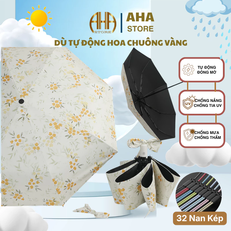 Ô Che Mưa Nắng TỰ ĐỘNG Hoa Chuông Vàng Dù 3 Lớp Chống,Tia UV, Gấp Gọn Cầm Tay Nhỏ Gọn Hình Dễ Thương