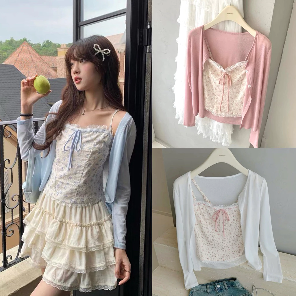[Hàng Loại 1] Set áo 2 dây hoa nhí thắt nơ kèm áo khoác cardigan mỏng ngoài tone màu pastel siêu xinh A6512
