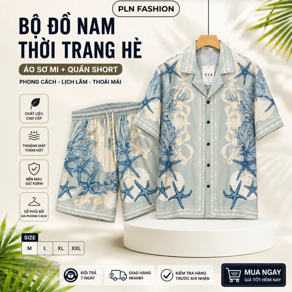 Bộ đồ nam mặc hè đi chơi đi biển du lịch họa tiết, set đồ nam co giãn form dáng thoải mái trẻ trung