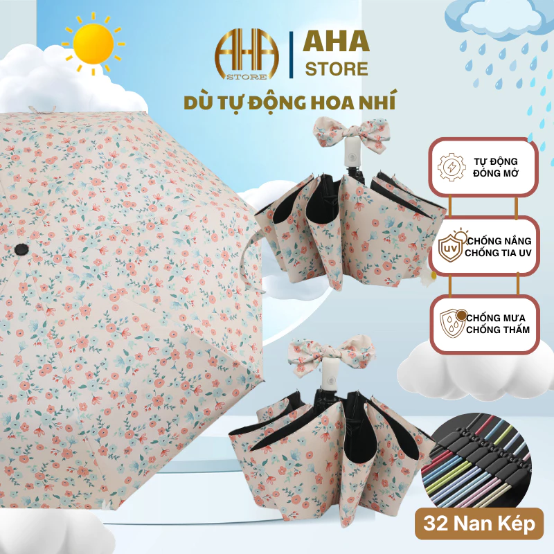 Ô Dù Che Mưa Đi Nắng TỰ ĐỘNG Đóng Mở Gấp Gọn Hình Hoa Xinh Chống Tia UV Cản Gió