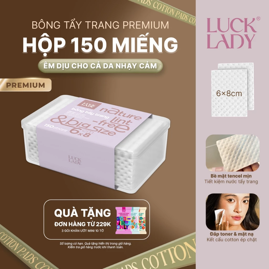 Bông tẩy trang Luck Lady vuông to cỡ đại 150 miếng/hộp, chất liệu Cotton & Tencel mềm mịn, làm sạch sâu