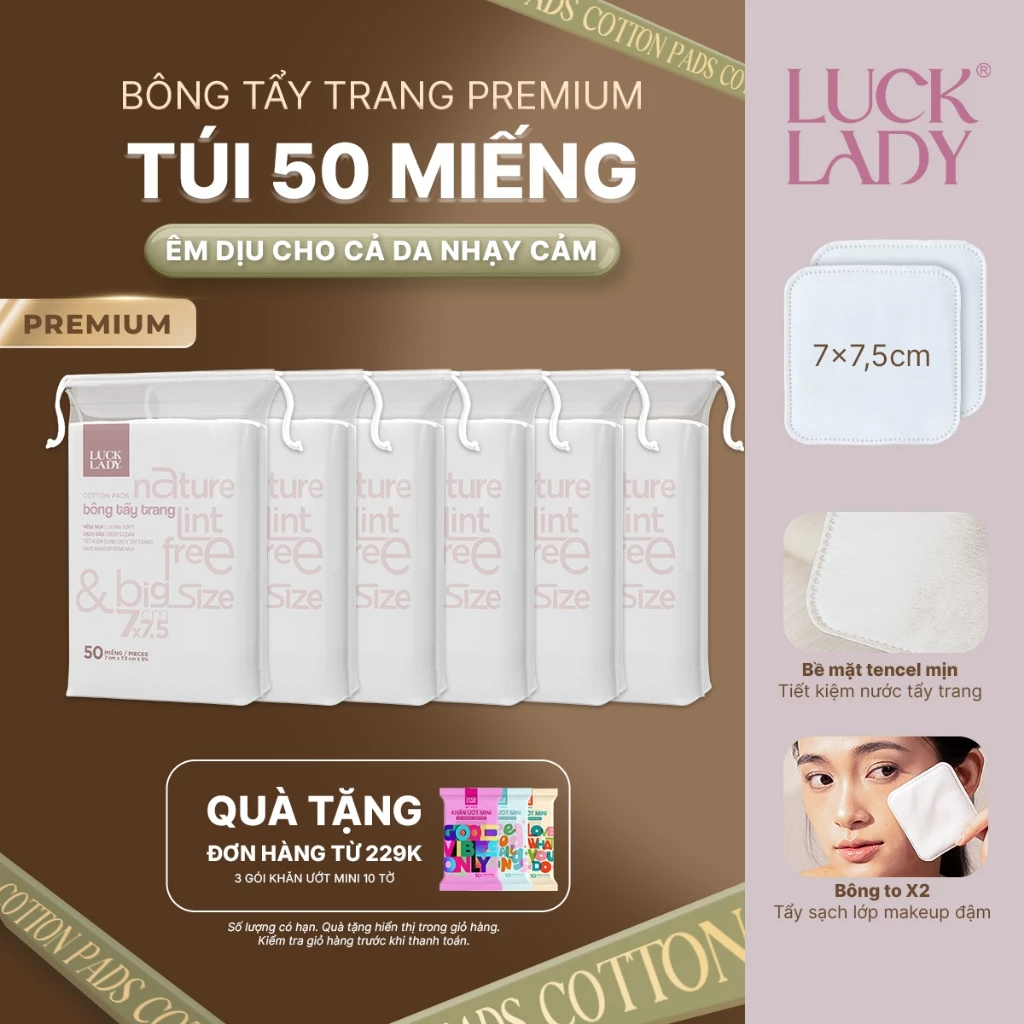 [Combo 6] Bông tẩy trang Luck Lady vuông to cỡ đại 50 miếng/túi, chất liệu Cotton & Tencel mềm mịn, làm sạch sâu