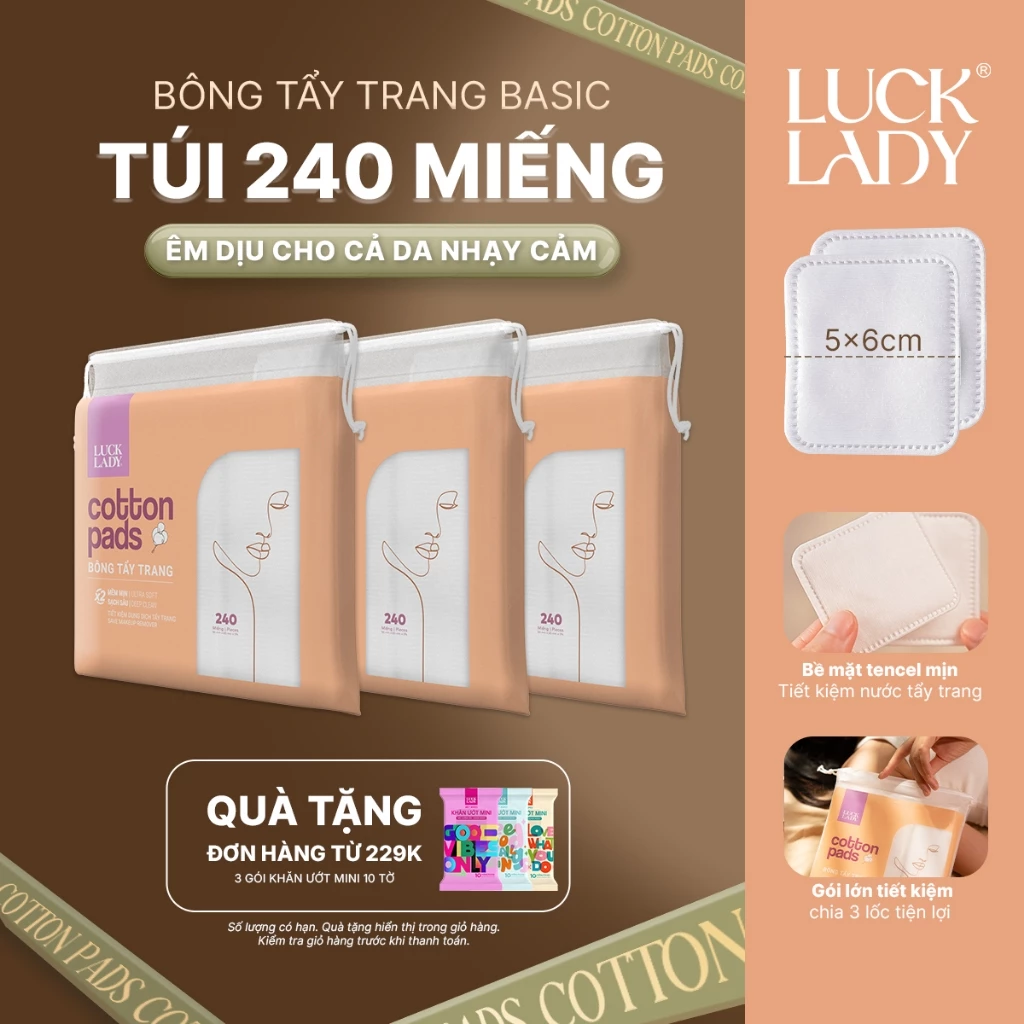 [Combo 3] Bông tẩy trang Luck Lady vuông 240 miếng/túi, chất liệu Cotton & Tencel mềm mịn, làm sạch sâu