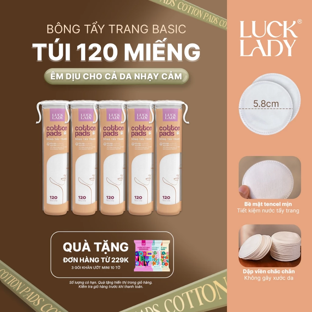 [Combo 5] Bông tẩy trang Luck Lady tròn 120 miếng/túi, chất liệu Cotton & Tencel mềm mịn, làm sạch sâu