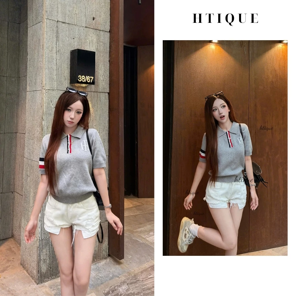 HTIQUE - Ra mắt Áo len polo dệt kim dáng nữ phối viền tay, Áo len HT form nữ năng động basic  LN04