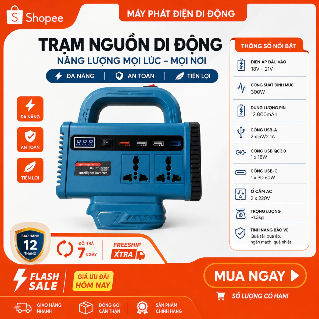 Đế Chuyển Đổi Nguồn Điện, Công suất 150W , Chuyển nguồn từ 18-21v lên 220v 50hz , Tích hợp đèn LED