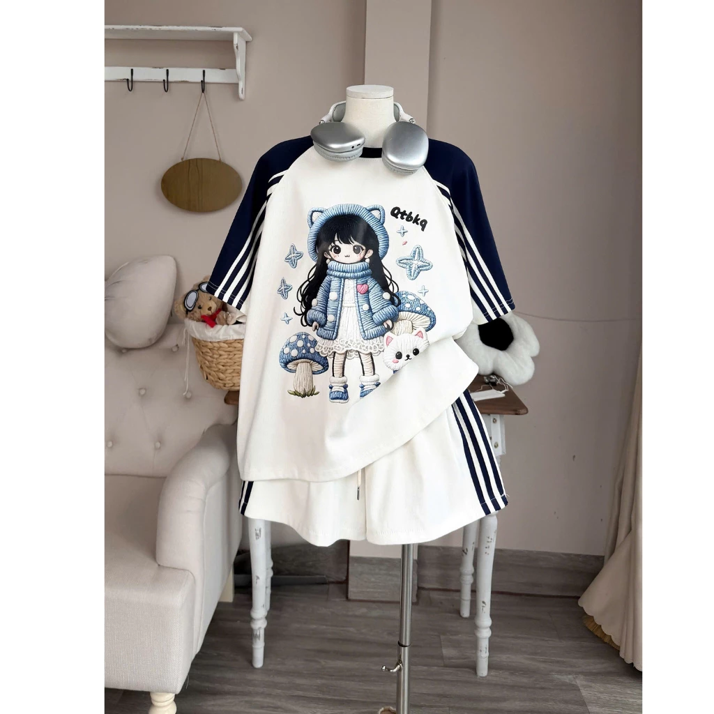 Set bộ nữ áo thun cổ tròn áo kèm quần đùi bèo in cô bé nấm xanh phong cách dễ thương mặc hè Genzstudio