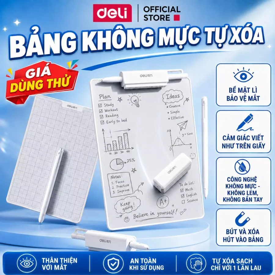 Bảng Tự Xóa Không Mực Deli - Bảng Trơn/ Ô Ly Màn Hình Nhám Kèm Bút Ngòi 0.65mm, Bảo Vệ Mắt