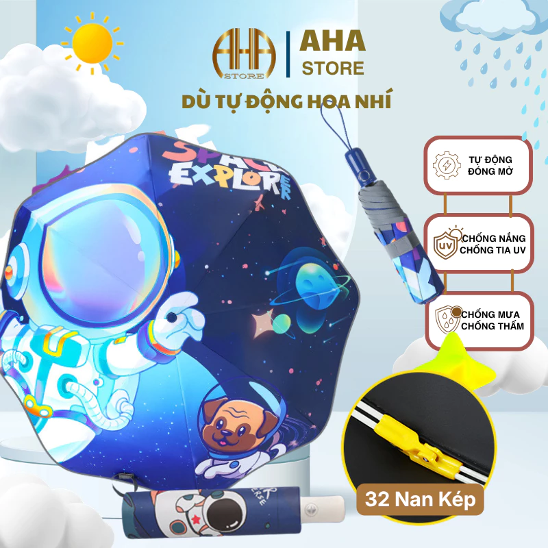 Ô Che Mưa 2 Lớp Gấp Gọn, Tự Động Bật Đóng Mở 2 Chiều In Hình Cute, Dù Che Nắng Cầm Tay