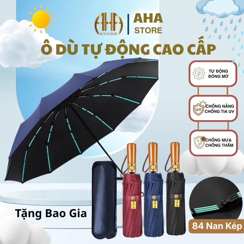 Ô Tự Động Cán Gỗ Cao Cấp, 12 Khung Xương Kim Loại Gấp Gọn 3 Đoạn  Chống Tia UV AHA UMBRELLA