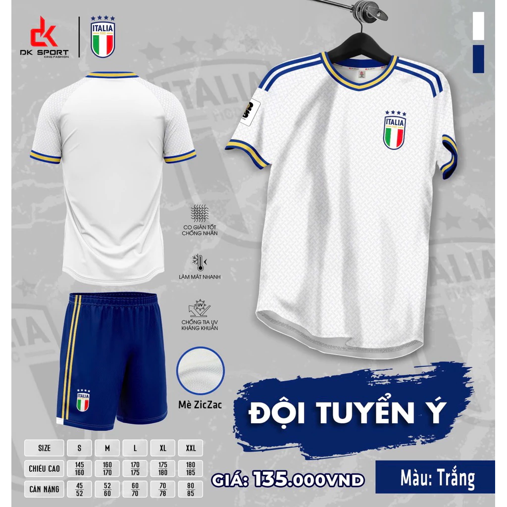 Bộ Quần Áo Đá Banh Í Trắng ĐK 2026 (Nhận In Tên Số) Thun Mè Cao Cấp Logo Thêu Nam Nữ Top Sport