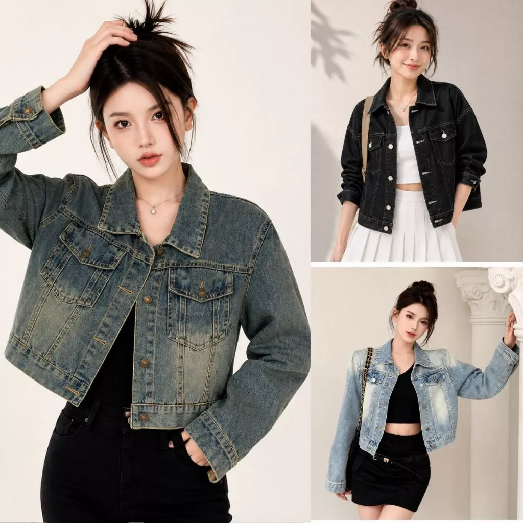 Áo Khoác Jean Nữ MIAA Dáng ngắn Croptop màu xanh đen unisex chất bò denim Dáng Rộng Hàn Quốc