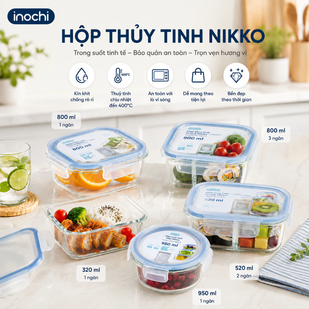 Hộp Thuỷ Tinh 1 ngăn Đựng Thực Phẩm Inochi Đựng Đồ Ăn,Thức Ăn Trong Tủ Lạnh, Bảo Quản Thực Phẩm