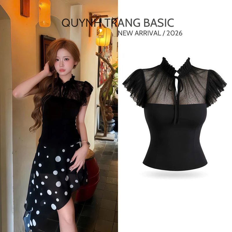 Taliyahn Top Lov - Áo Nữ Kiểu Đen Phối Ren Lưới Cao Cấp, Áo Ôm Body Tay Bèo Cổ Nhún Dễ Phối Đồ By QuynhTrangBasic