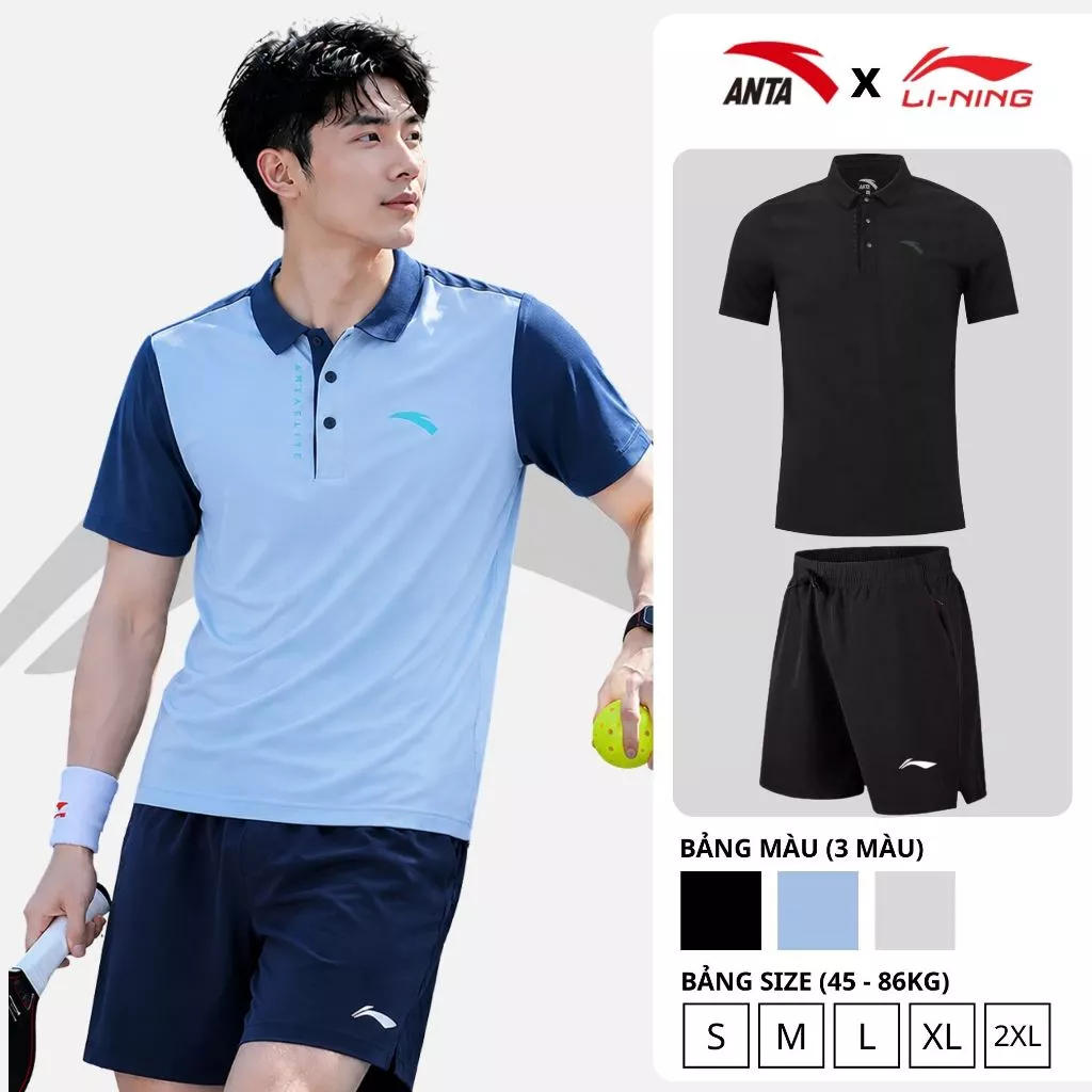 Set đồ nam thể thao, Bộ quần áo nam vải co giãn mát thấm hút tốt áo ANTA 3M quần Li-Ning S01 45-86kg