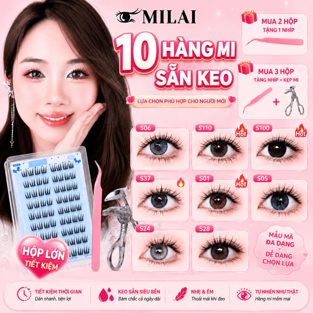 Mi giả sẵn keo MILAI 10 hàng mi, đa dạng kiểu dáng | Mua 2 hộp tặng nhíp, mua 3 hộp tặng nhíp & kẹp mi