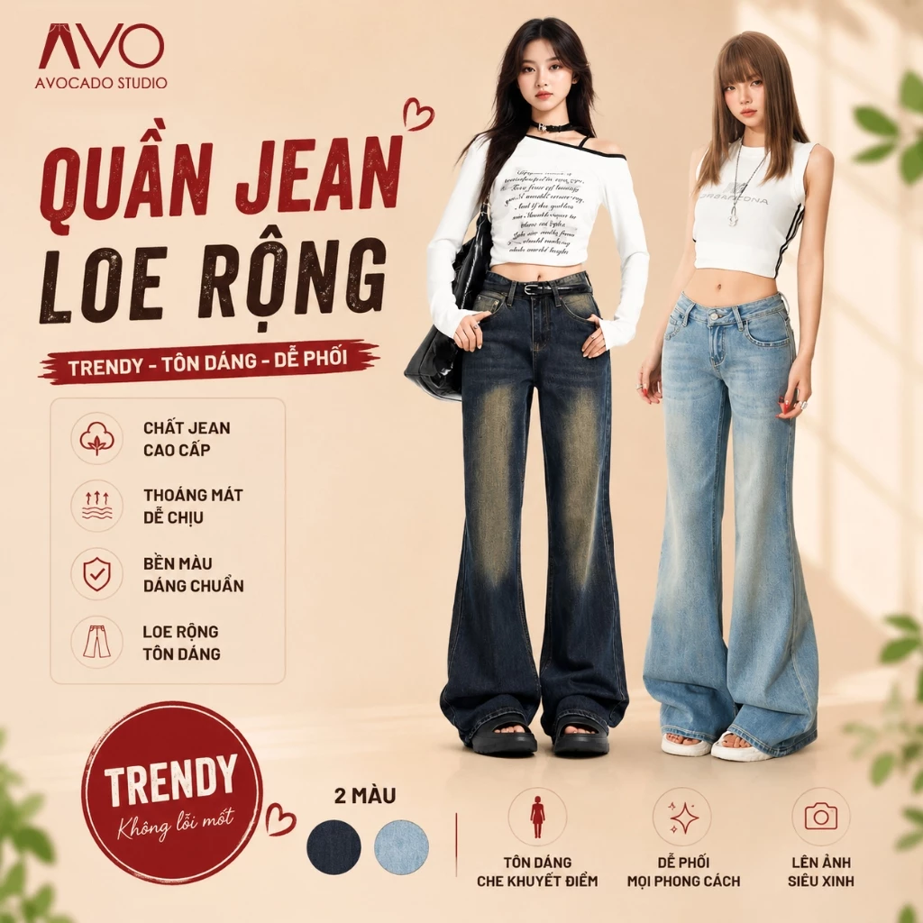 Quần Jean Nữ Ống Loe Siêu Rộng Avo Avocado Chất Vải Jean Mềm Không Co Giãn Không Phai Màu Bigsize Màu Xanh Retro Wash