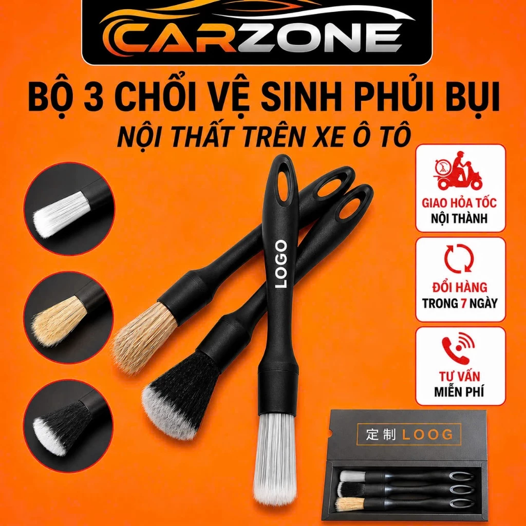 Bộ 3 Chổi Cọ Vệ Sinh Ô Tô CARZONE, Chổi Lông Mềm Vệ Sinh Chi Tiết Nội Thất Ngoại Thất Xe Ô Tô VERSION 2