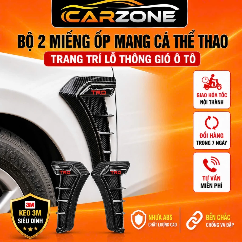 Bộ 2 Miếng Ốp Mang Cá Thể Thao Ô Tô CARZONE, Đen Bóng Trang Trí Lỗ Thông Gió Xe Hơi Siêu Bền