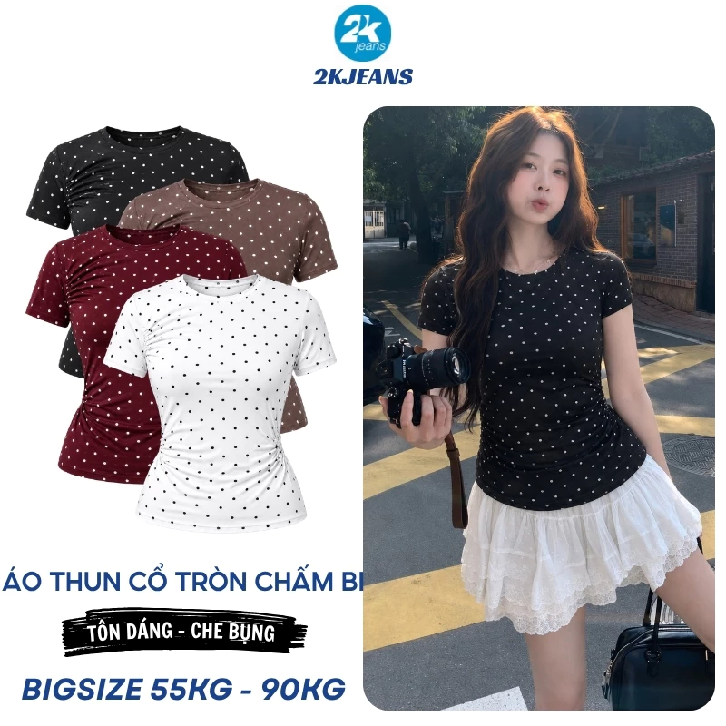 [DEAL SỐC] Áo Thun Nữ Bigsize AT9135 Chấm Bi Nhún Eo Ôm Body Co Giãn Chất Borip 55-90kg Mặc Đi Biển 2KJEANS