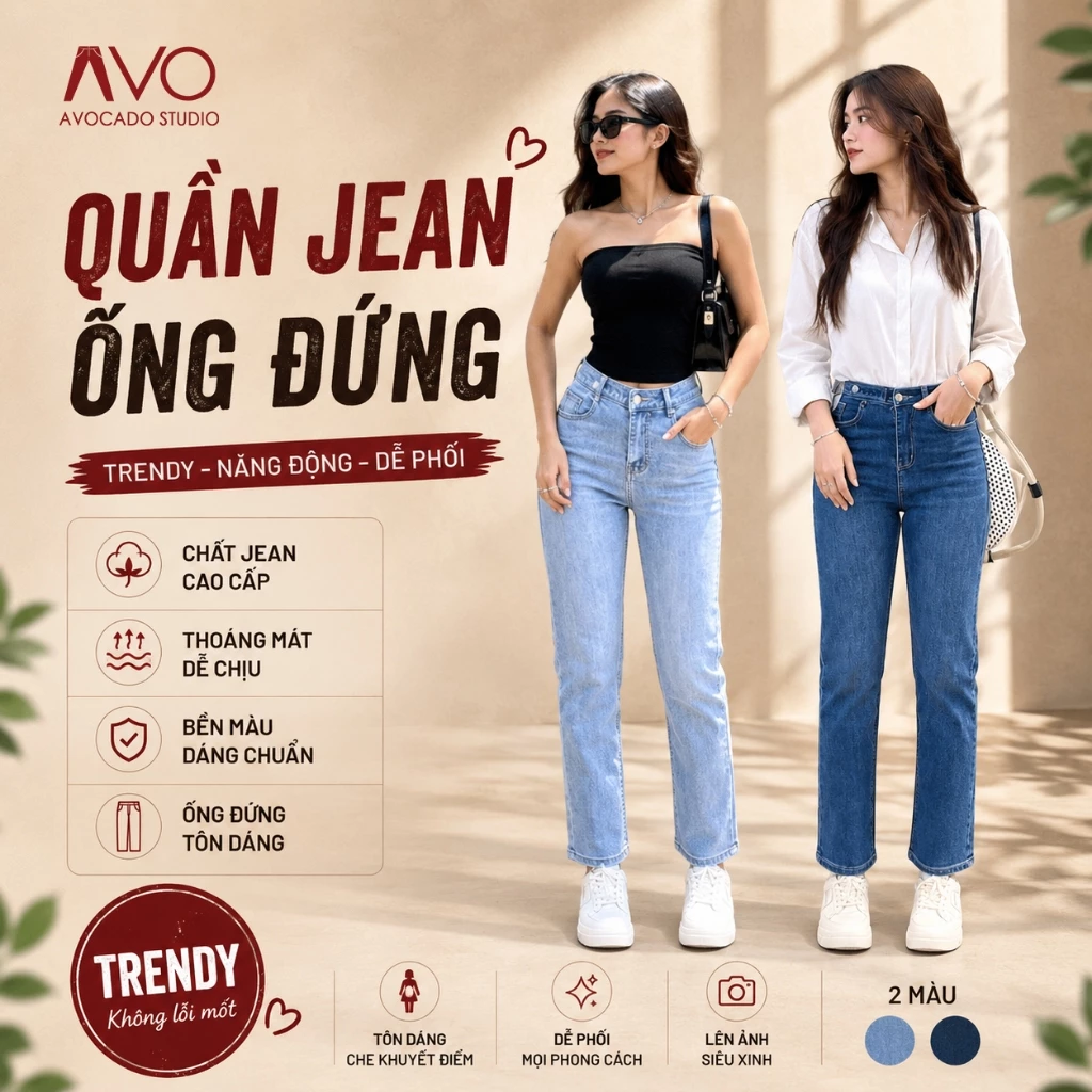Quần jean bò nữ ống đứng cạp cao co dãn Avo Avocado lưng cao tôn dáng cao cấp phong cách Hàn Quốc