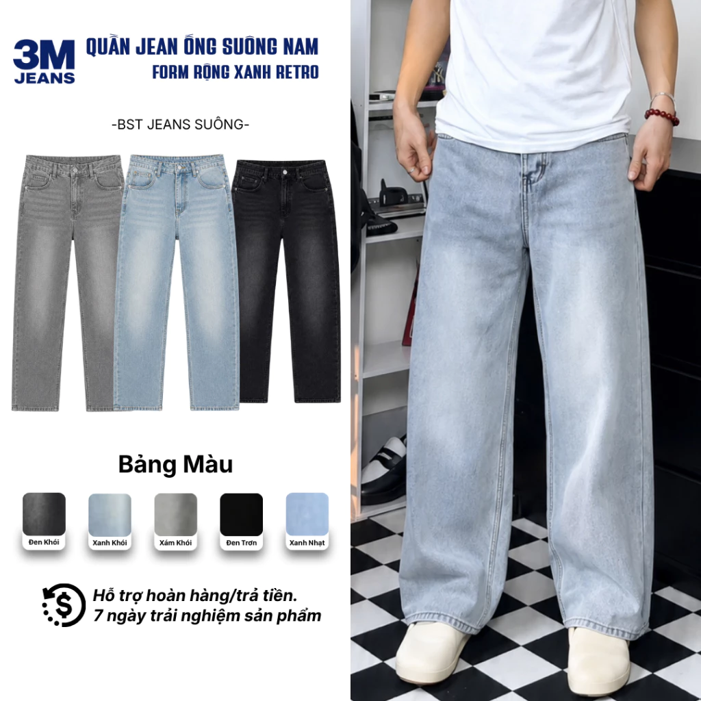 Quần Jean Nam Ống Suông Rộng Xanh Grey , Dirty Blue Cạp Cao Chất Jean Mềm Tôn dáng , Che khuyết điểm - KH.MEN