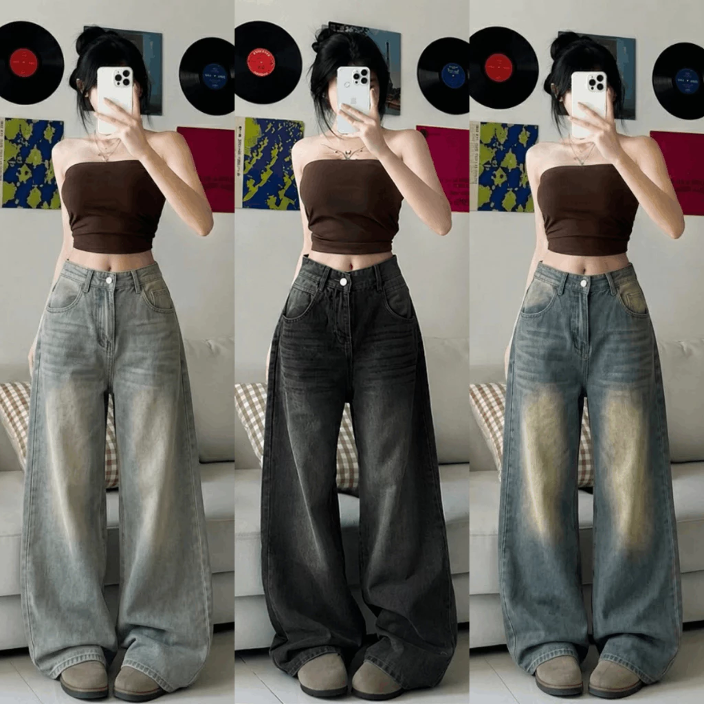 Quần Jean Xám Đen Wash Retro Suông Ống Rộng 28CM MIAA Lưng Cao Quần Jean Denim Mềm Form Rộng Dáng Dài Unisex