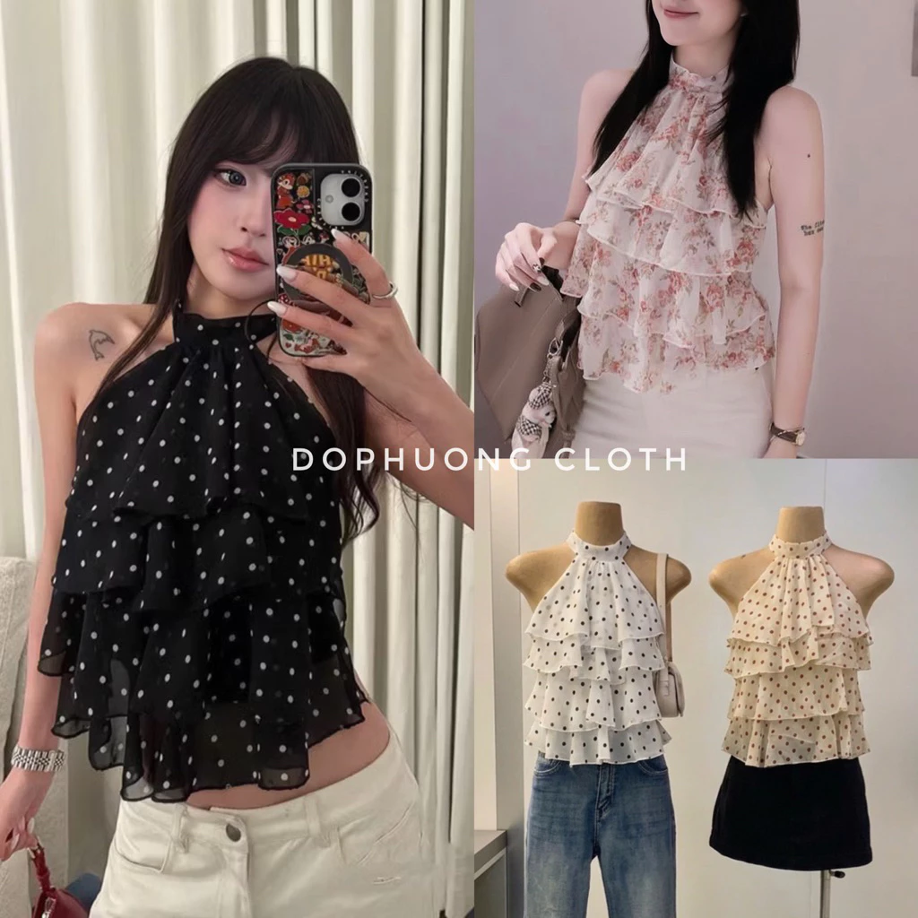 (Video DophuongCloth - hàng chuẩn QC thêm màu mới) Áo voan cổ yếm chấm bi bèo tầng hợp đi chơi, đi cafe, đi biển sống ảo