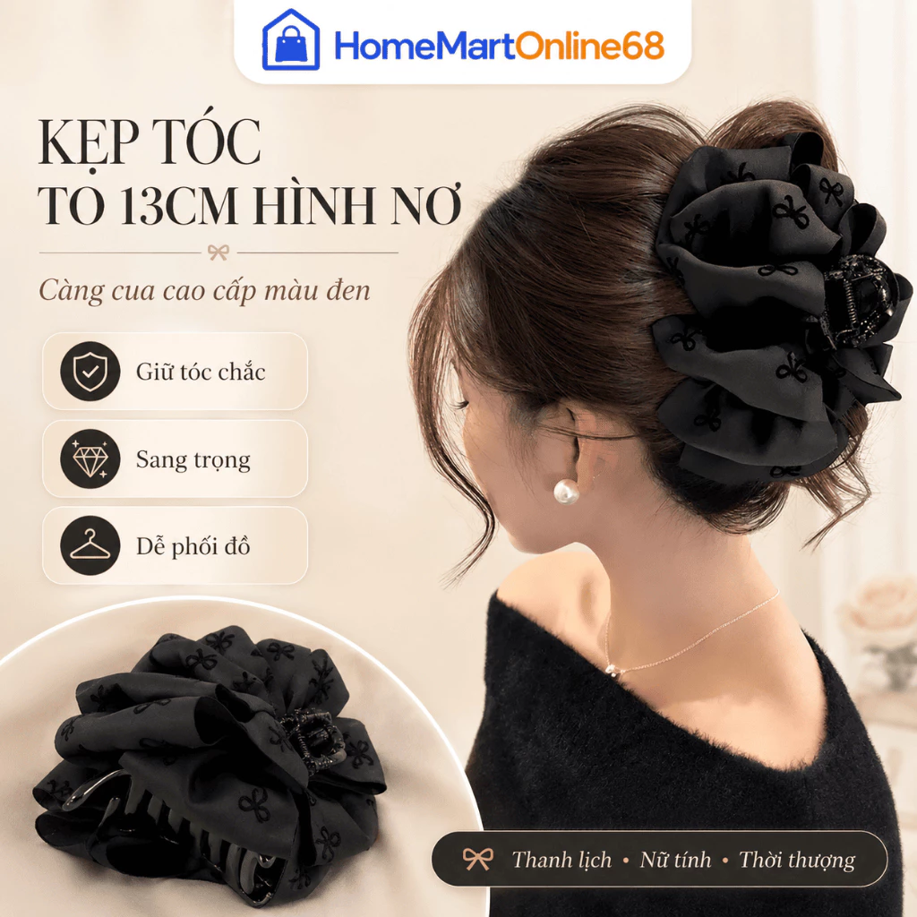 HM68520 Kẹp Tóc Càng Cua Nơ Đen 13cm, Kẹp Tóc Nữ Cao Cấp Họa Tiết Bong Bóng Thời Trang Hàn Quốc HomeMartOnline68