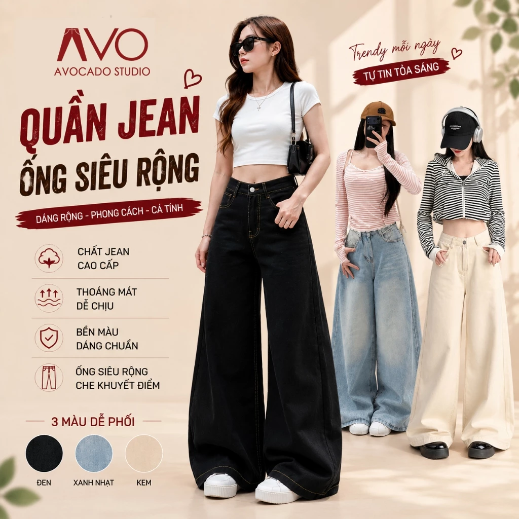 Quần Jeans Ống Rộng Ver 2 WIDE LEG Avo Avocado tôn dáng cạp cao form unisex nam nữ