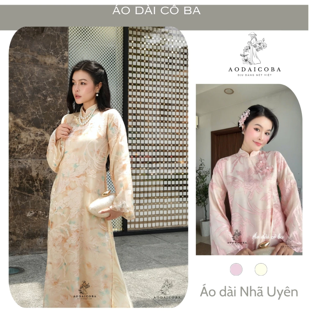 [TẶNG CHARM CÀI] -  Áo dài cách tân Nhã Uyên 4 tà tơ kim tuyến cao cấp xẻ tà duyên dáng dự tiệp, chụp ảnh - Áo dài Cô Ba