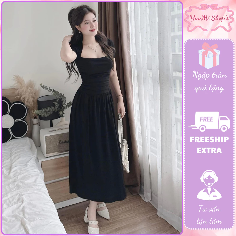Váy dáng dài cổ vuông phối nhún eo tùng xòe rộng che khuyết điểm bắp tay outfit nữ ulzzang HCOM25277