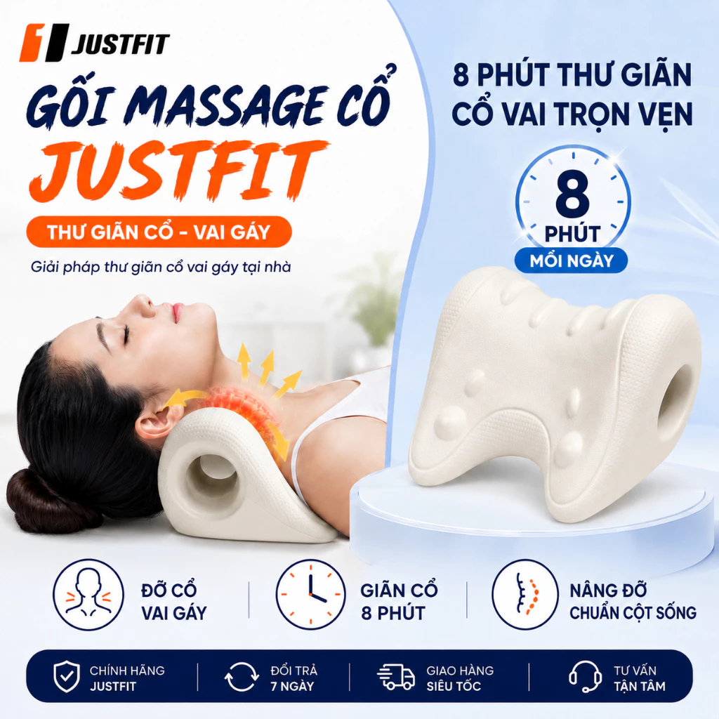 Gối massage cổ vai gáy JUSTFIT tại nhà công thái học, giúp kéo dãn đốt sống cổ, thư giãn vai gáy