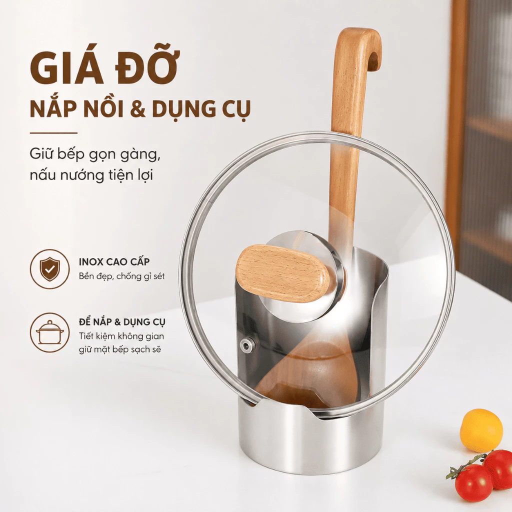Giá Đựng Nắp Nồi Inox 304, Thiết Kế Nhỏ Gọn, Dung Tích Lớn, Đế Vững Chắc, Dễ Vệ Sinh, Tiết Kiệm Không Gian, Chống Gỉ Sét