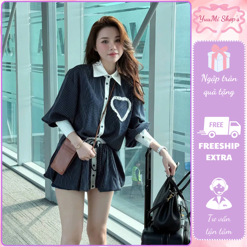 Set bộ váy nữ áo cổ bẻ họa tiết kẻ tăm túi ngực trái tim kèm váy bí bồng bềnh hot trend ulzzang HCOM25483