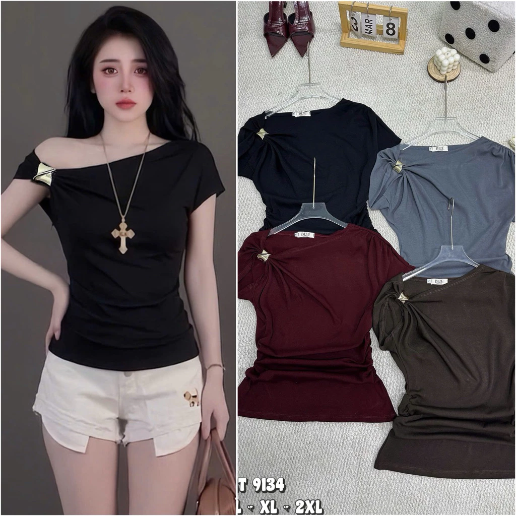 Áo Thun Nữ Bigsize Monjeanshop Cổ Tròn Lệch Vai Kèm Phụ Kiện, Chất Borip Cotton Dày Dặn Co Giãn Size L-XL-2XL AT9134