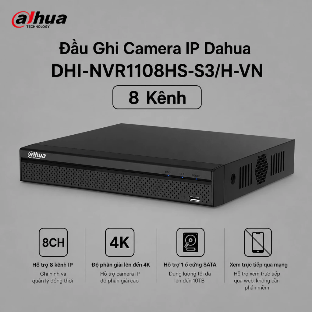 Đầu Ghi Camera IP Dahua DHI-NVR1108HS-S3/H-VN 8 Kênh Hỗ Trợ H.265+ Xem Từ Xa Ổn Định