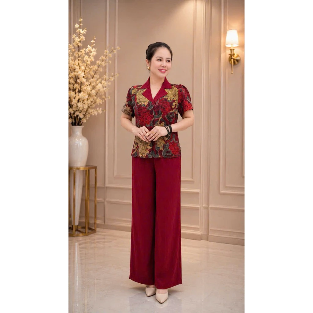 Set đồ kiểu cho mẹ, quần suông chất lụa Hàn mềm mại, thoáng mát. Ms151