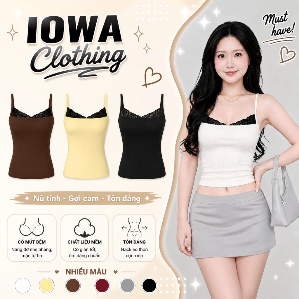 Áo Croptop Nữ Hai Dây Ren Lớn Có Mút Ôm Body IOWA CR16 - Thun Gân Co Giãn, Tôn Dáng