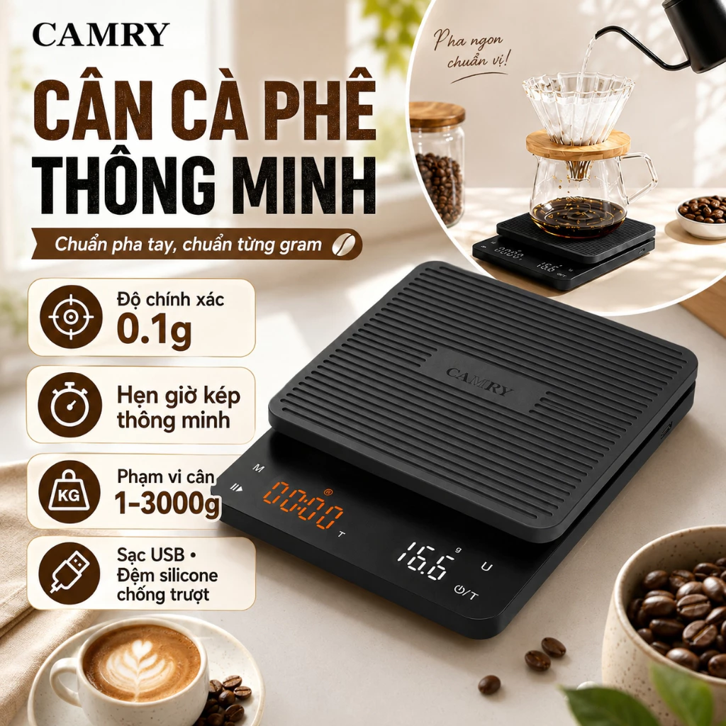 CAMRY Cân Cà Phê Điện Tử Độ Chính Xác 0.1g, Có Hẹn Giờ, Sạc Pin, Kèm Tấm Silicone, Đơn Vị g/ml