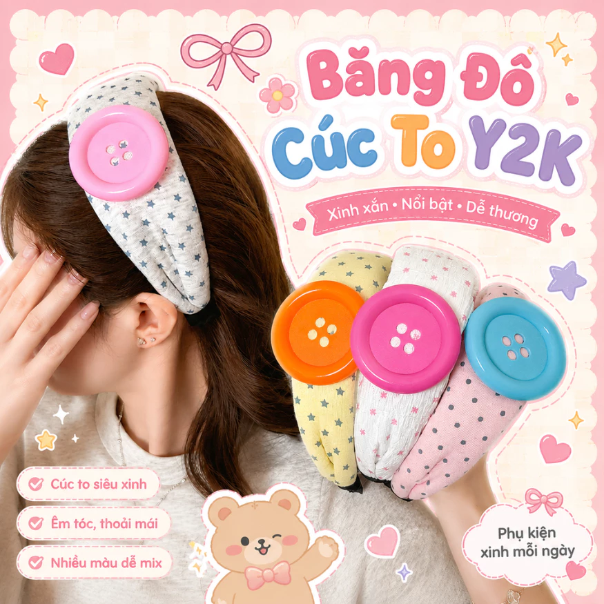 Băng Đô Cúc Áo Y2K Chấm Bi Dễ Thương, Bờm Cài Tóc Phối Nút Áo, Phụ Kiện Đi Biển Nhiều Màu Sắc