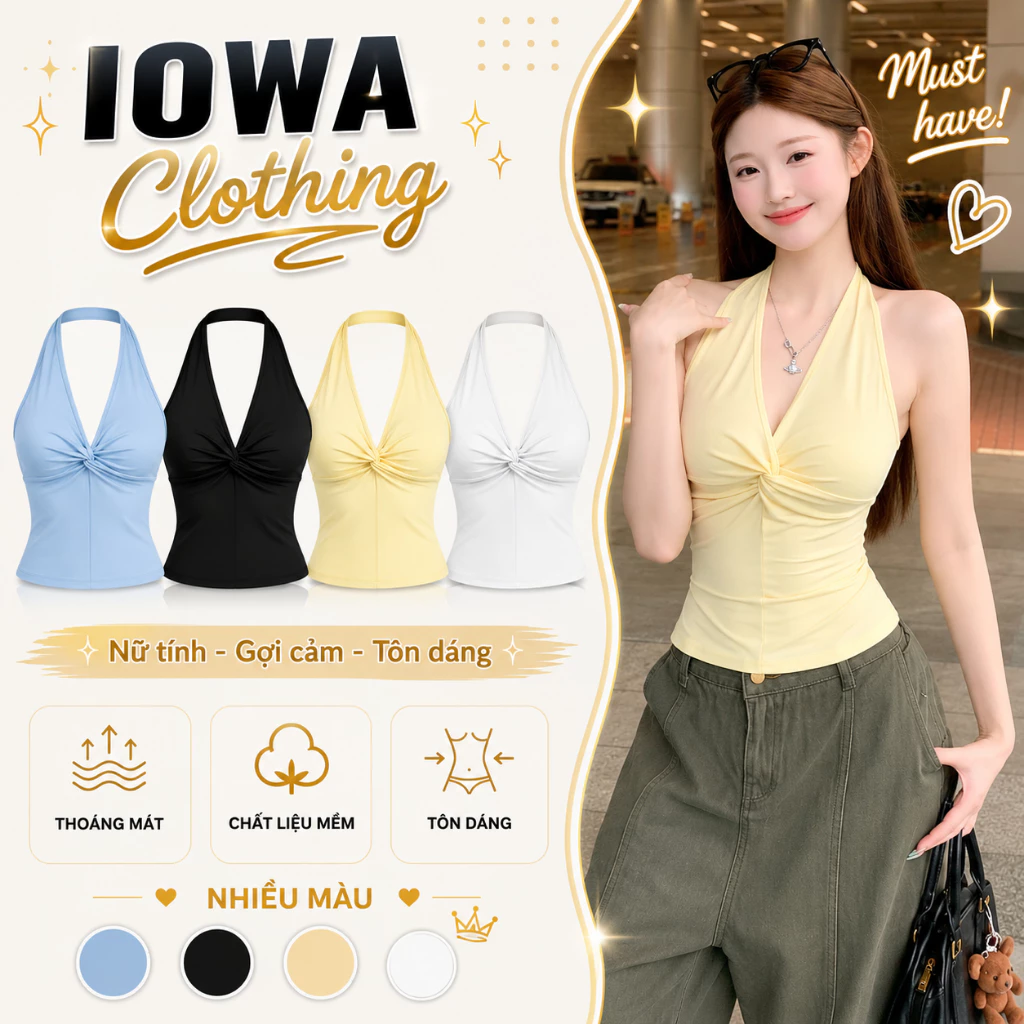[XOẮN NGỰC] Áo Thun Nữ Ôm Body Cổ Yếm Trơn IOWA DD06 - Borip Lụa Co Giãn 4 Chiều, Mềm Mịn Mát