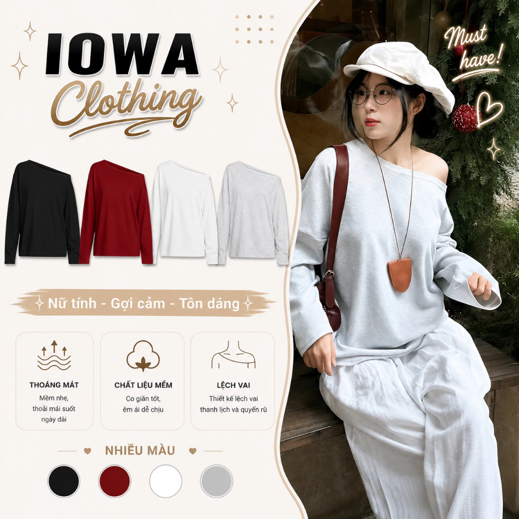 Áo Thun Nữ Tay Dài Lệch Vai Form Rộng IOWA DD154 - Trễ Vai Chất Cotton Thoáng Mát