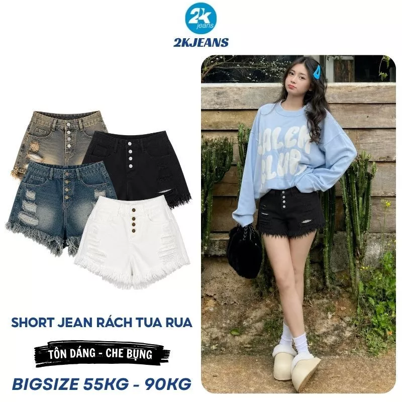 [DEAL SỐC] Quần Short Jean Nữ Bigsize MS1093 Rách Lai Tua Rua 4 Khuy Tôn Dáng SLIMFIT, Mặc Chơi Hè 55-90kg