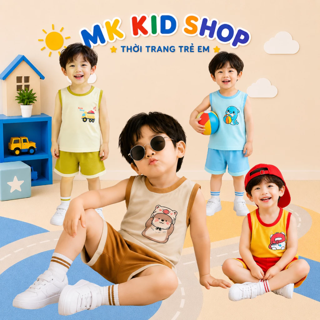 Bộ Sát Nách Bé Trai 8-25Kg Thun Lạnh Mềm Mát Bộ 3 Lỗ In Hình Cute Mặc Ngủ Đi Học Đi Chơi Thoải Mái