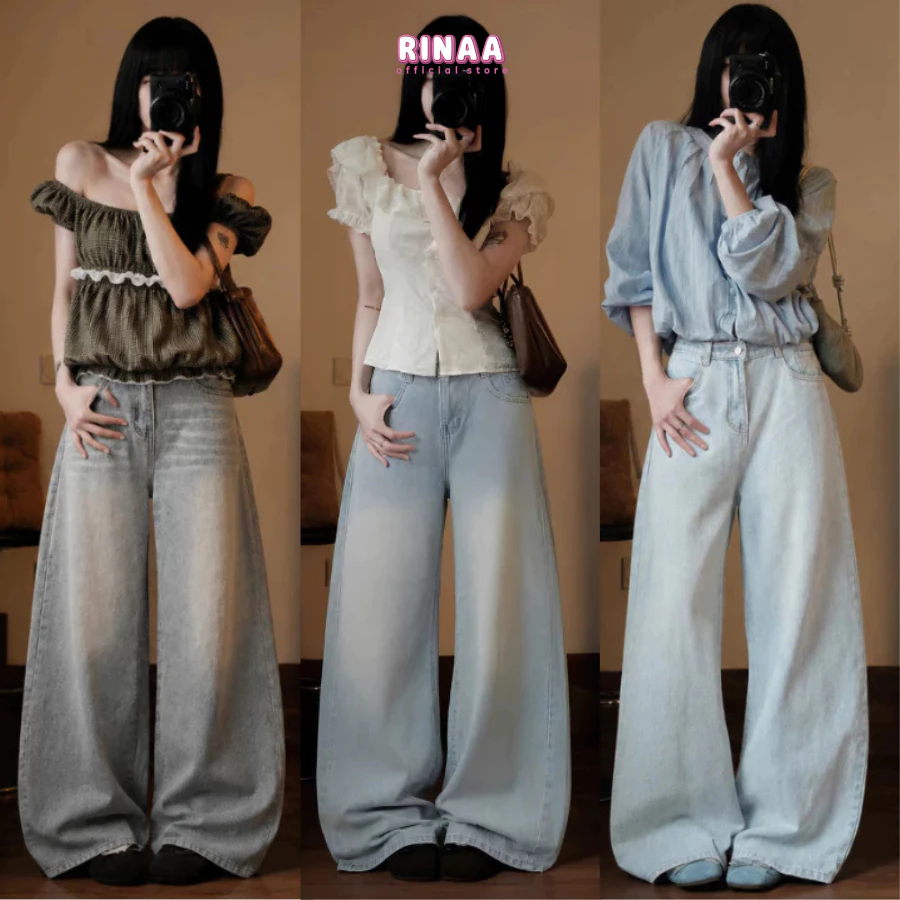 Quần Jeans Suông Màu Xanh Nhạt Retro Ống Rộng 30-33cm RINAA, Quần Bò Nữ Cạp Cao Form Rộng Dày Dặn