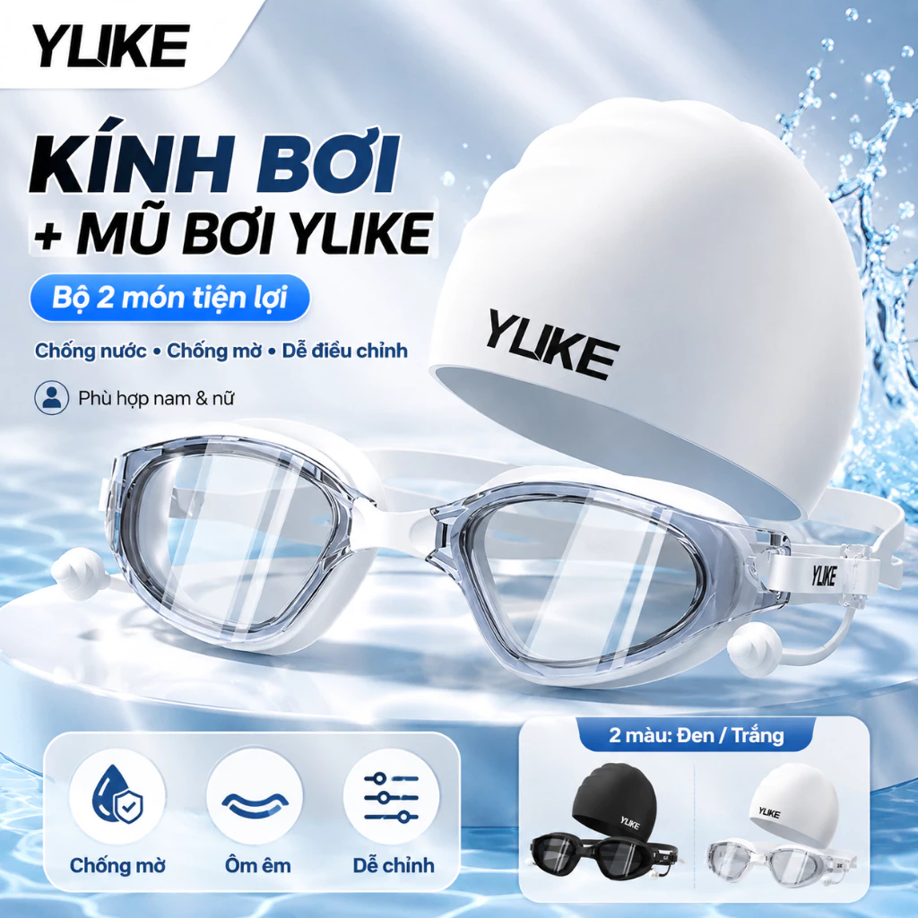 Combo mũ kính bơi có độ cận Ylike, chống uv chống sương mờ dành cho nam nữ đi bơi 6032