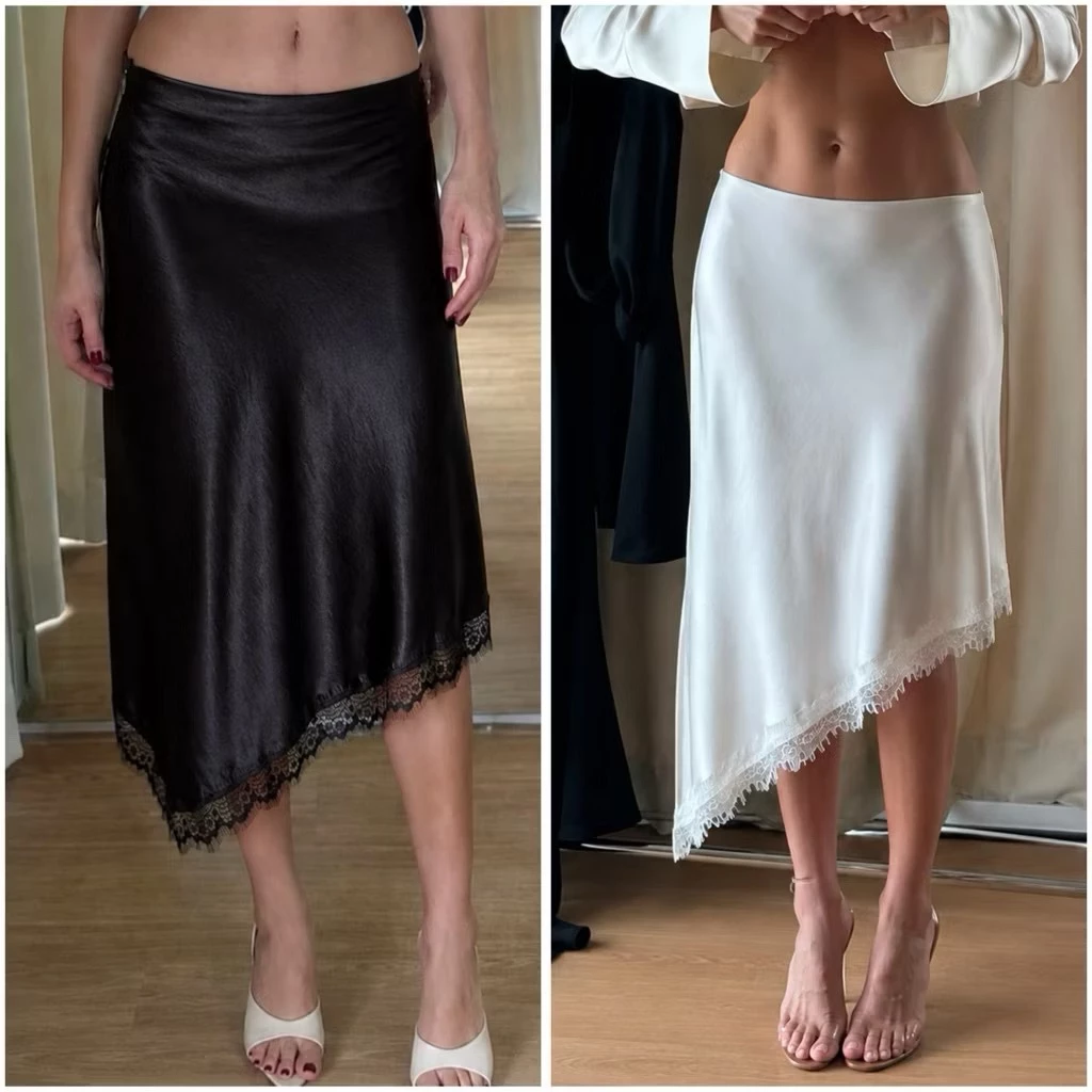 Chân Váy Lụa Lửng Hot Trend Phối Ren Quyến Rũ NV995 Chân Váy Lụa Cạp Trễ Tà Xéo Sang Chảnh