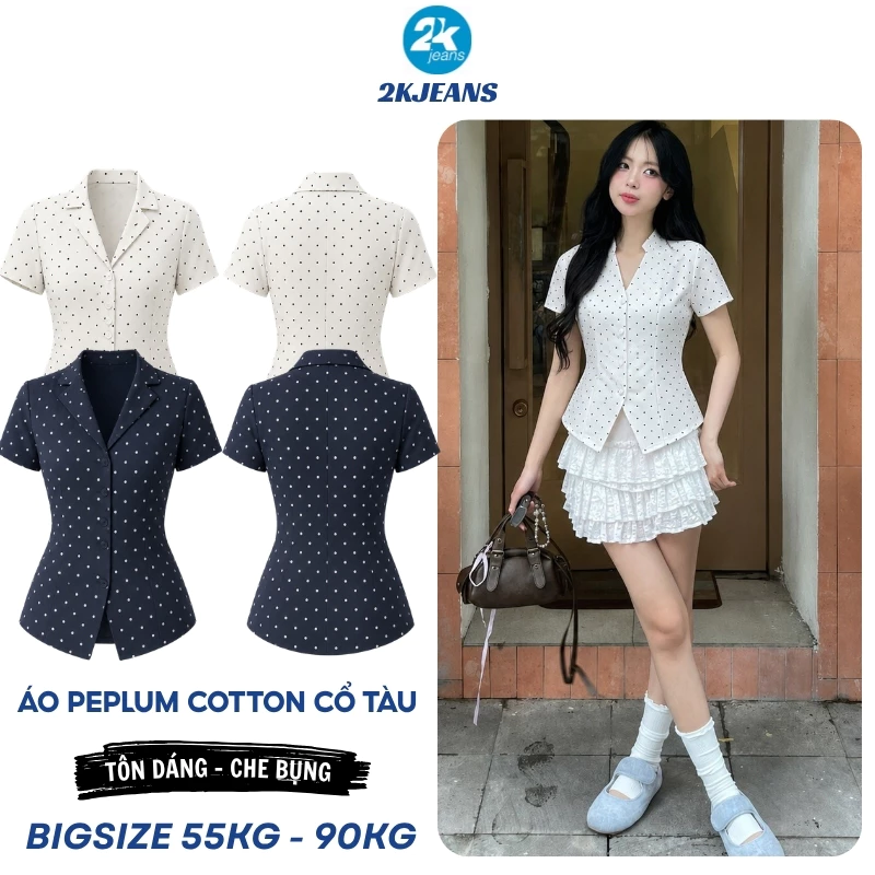 Áo Peplum cổ tàu tay ngắn Bigsize 55kg-90kg, chất cotton hàn mướt hàng cao cấp AT9120 - 2KJEANS